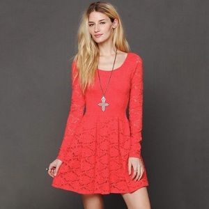 FREE PEOPLE Coral Red Lace Boho Skater Skirt Dress